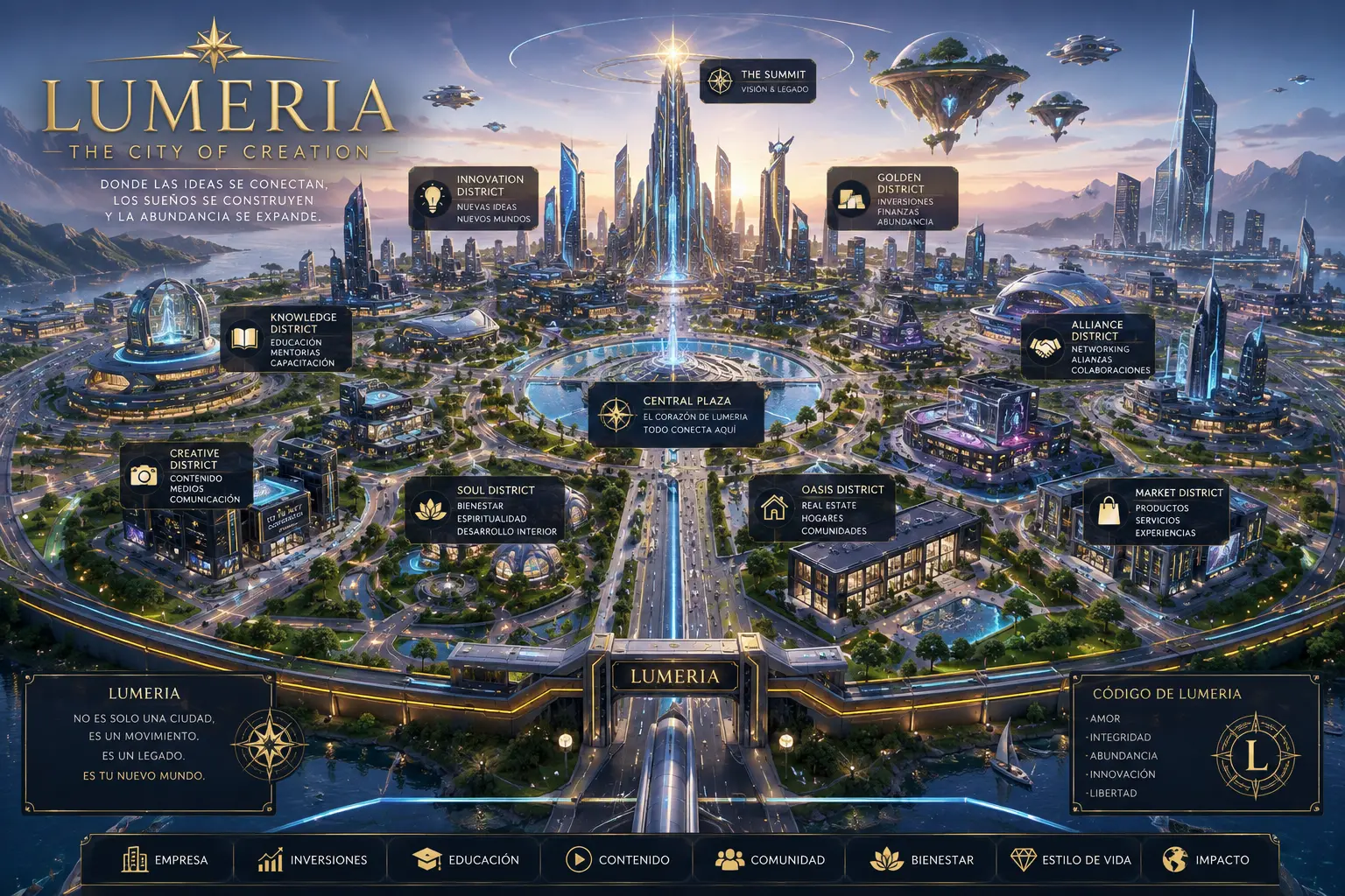 Visión de Lumeria, la ciudad de la creación, con sus distritos iluminados